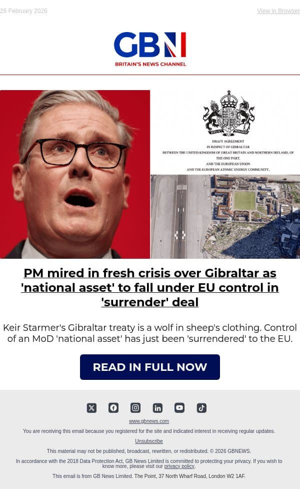 PM in fresh crisis over Gibraltar as 'national asset' to fall under EU control in 'surrender' deal email from GB News screenshot