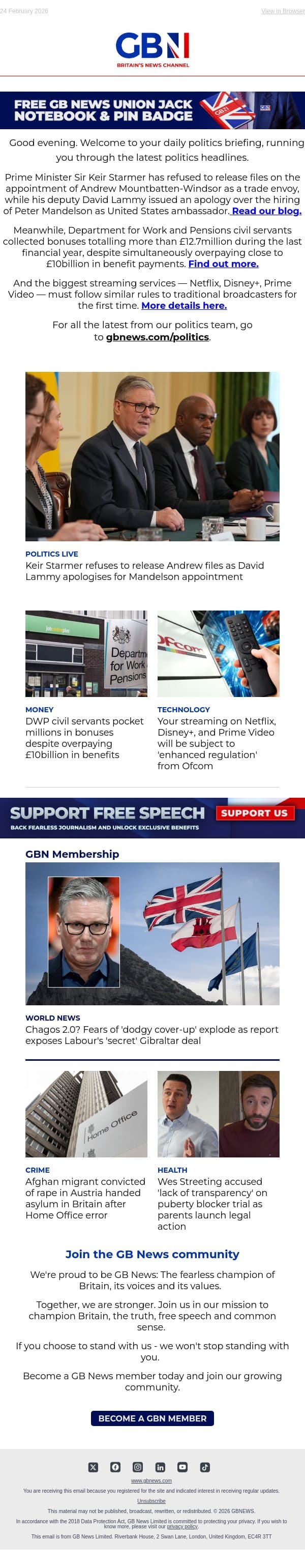 PM refuses to release Andrew files | 'Secret' Gibraltar deal | Streaming 'enhanced regulation' email from GB News screenshot