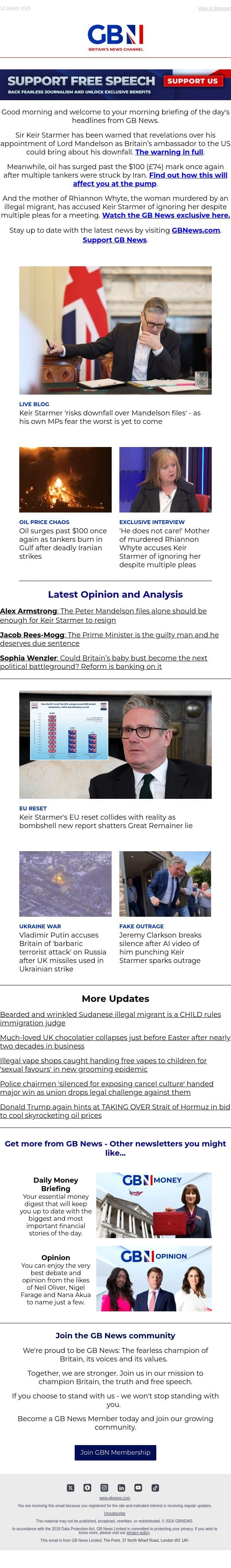 Labour MPs fear Starmer doomed | Oil price surges again | Rhiannon Whyte’s mum ignored by PM email from GB News screenshot