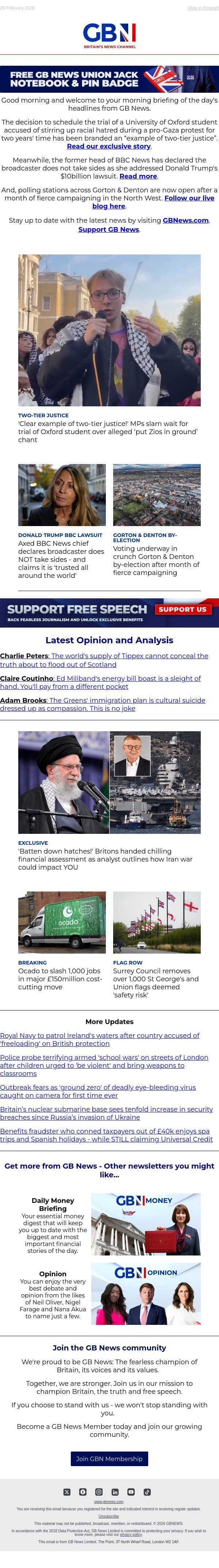 MPs slam two-tier antisemitism justice | Ex BBC chief speaks on Trump lawsuit | Polls open in Gorton email from GB News screenshot