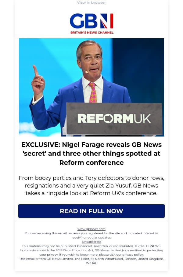 EXCLUSIVE: Nigel Farage reveals GB News 'secret' and three other things spotted at Reform conference email from GB News screenshot