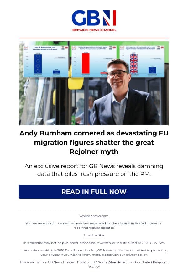 Andy Burnham cornered as devastating EU migration figures shatter the great Rejoiner myth email from GB News screenshot