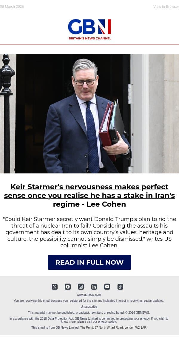 Keir Starmer's nervousness makes perfect sense once you realise he has a stake in Iran's regime email from GB News screenshot