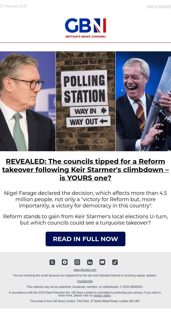 REVEALED: The councils tipped for a Reform takeover following Keir Starmer's climbdown email from GB News screenshot