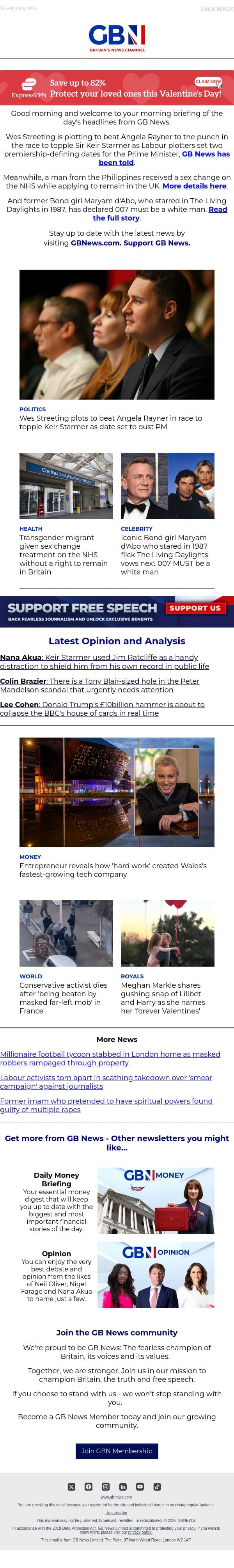Streeting plot to beat Rayner | Migrant NHS sex change | Bond girl vows next 007 MUST be white man email from GB News screenshot