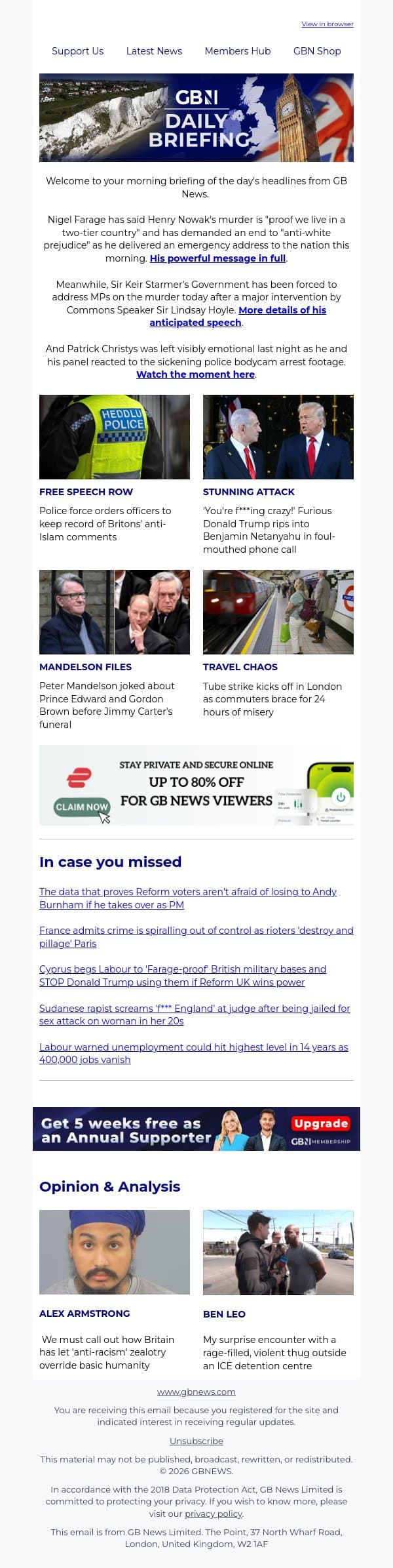 Nigel Farage issues 'emergency address to the nation' email from GB News screenshot