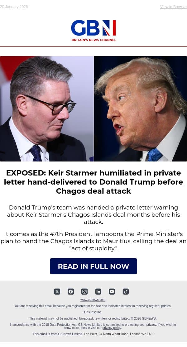 EXPOSED: Starmer humiliated in private letter hand-delivered to Trump before Chagos deal attack email from GB News screenshot
