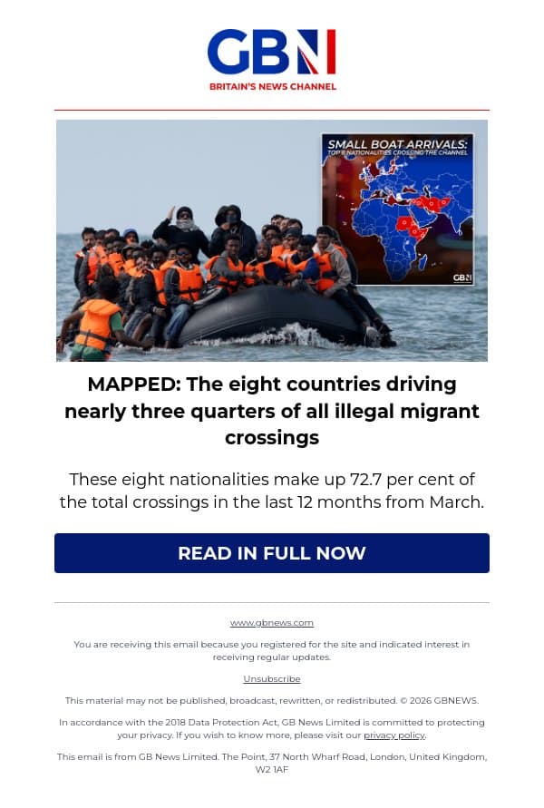 MAPPED: The eight countries driving nearly three quarters of all illegal migrant crossings email from GB News screenshot