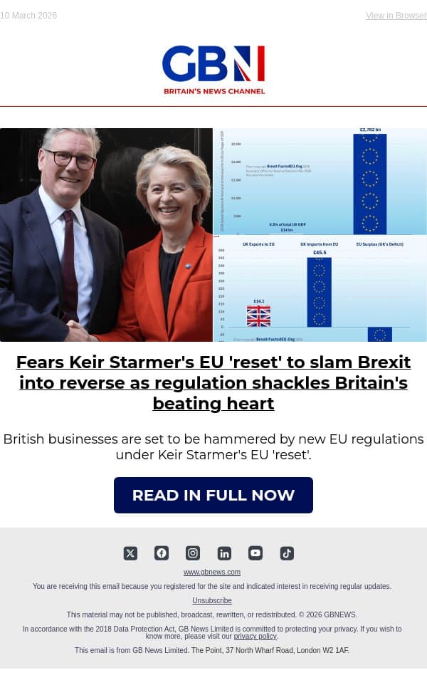 Kier Starmer's EU 'reset' to slam Brexit into reverse as regulation shackles Britain's beating heart email from GB News screenshot