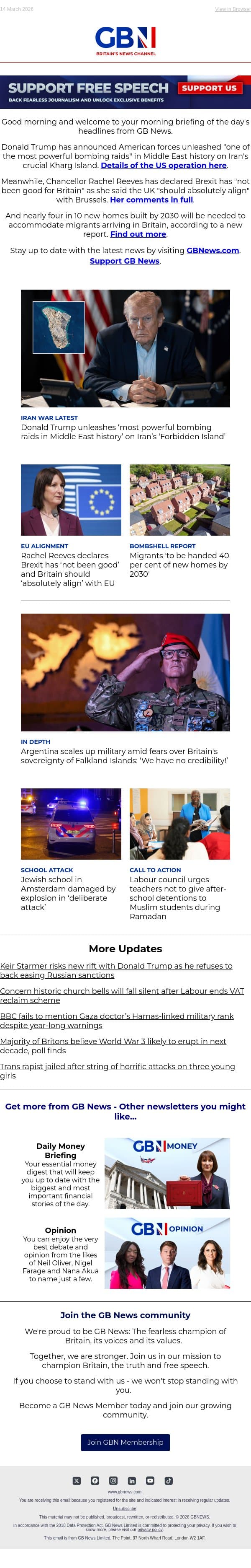 Trump strikes Iran’s 'Forbidden Island' | Reeves looks to EU for boost | Migrant housing bombshell email from GB News screenshot