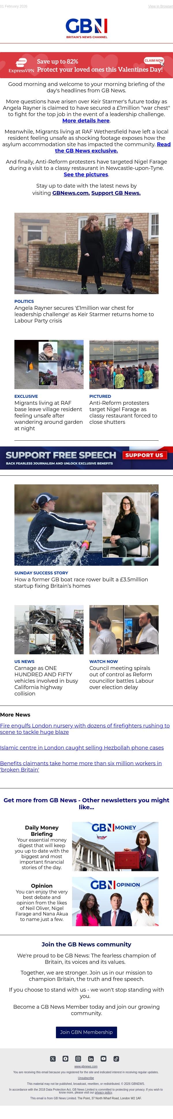 Rayner’s £1m bid to challenge Starmer | Asylum housing impact exposed | Protesters target Farage email from GB News screenshot