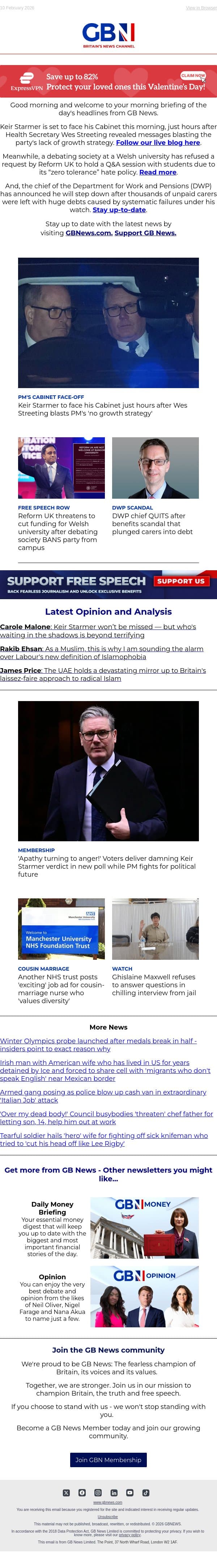 PM faces Cabinet after Streeting leaks texts | Uni debate society bans Reform | DWP chief quits email from GB News screenshot