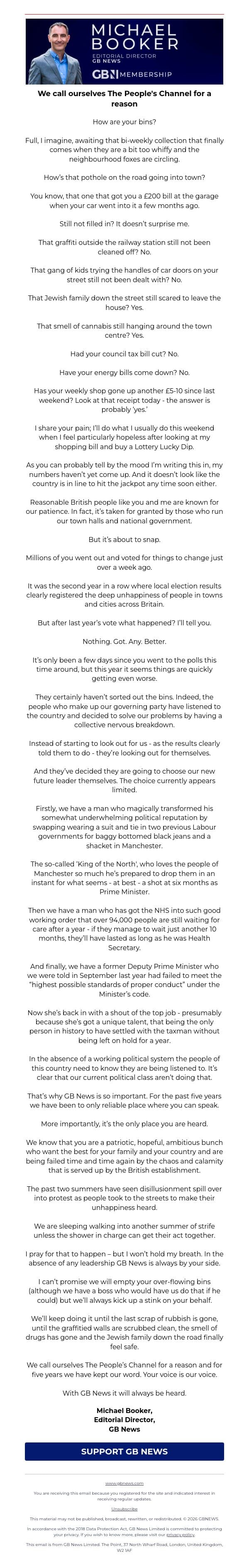 Michael Booker: We call ourselves The People's Channel for a reason email from GB News screenshot