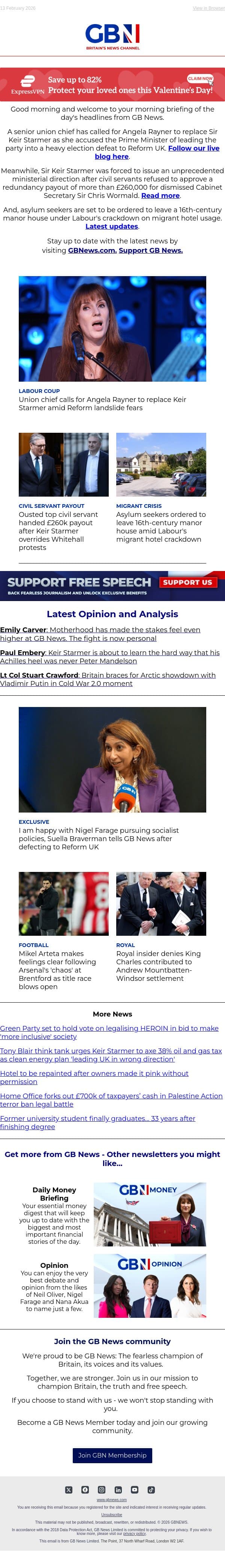 Union chief wants Rayner for PM | Civil servant's £260k payout | Migrants leave 16th-century manor email from GB News screenshot