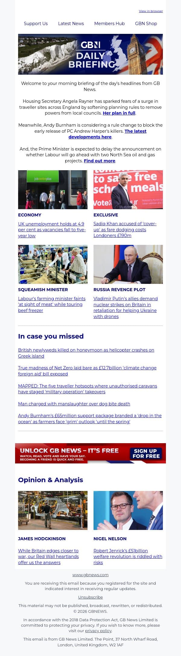 Rayner opens door to more traveller sites near you email from GB News screenshot