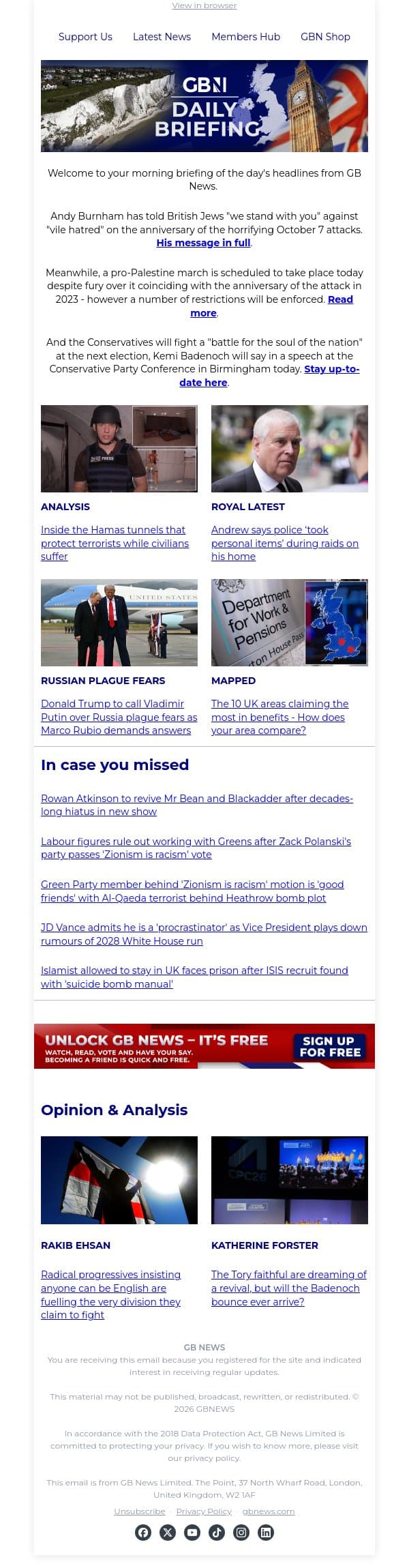 Burnham sends message to British Jews on anniversary of Oct 7 attack email from GB News screenshot