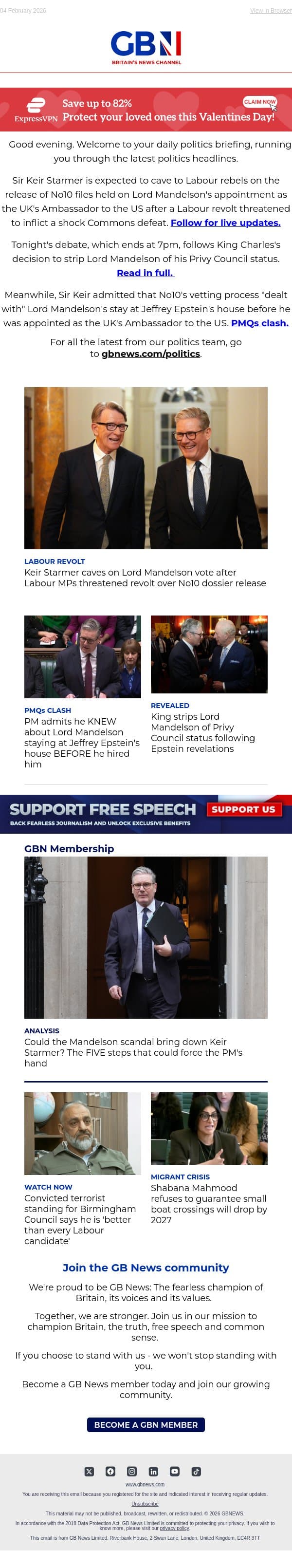 PM caves on Mandelson files | King intervenes on Mandelson | Starmer makes shock PMQs admission email from GB News screenshot