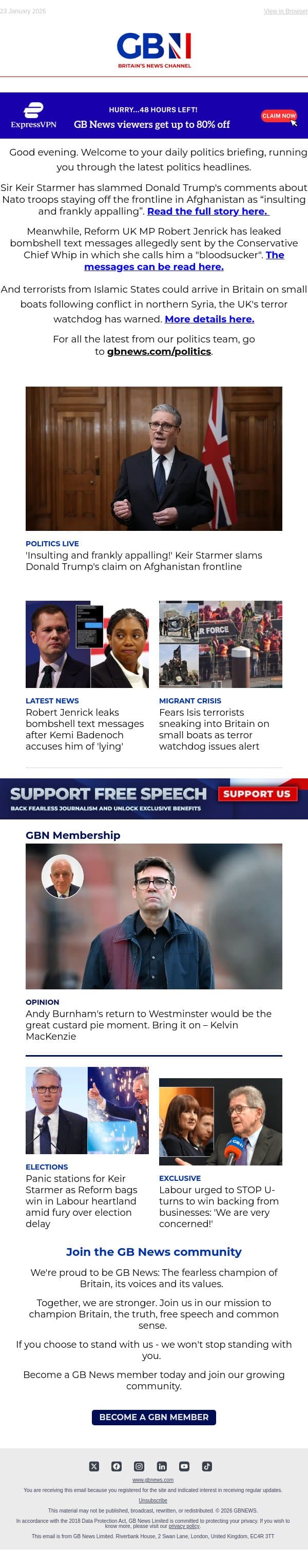 Starmer slams 'insulting' Trump | Jenrick leaks bombshell texts | Isis small boats fears mount email from GB News screenshot