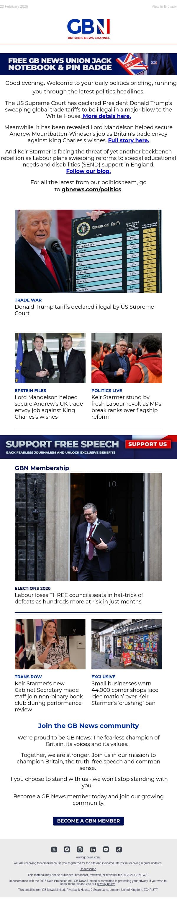 Trump tariffs declared illegal | Mandelson helped secure Andrew's trade role | New Labour rebellion email from GB News screenshot