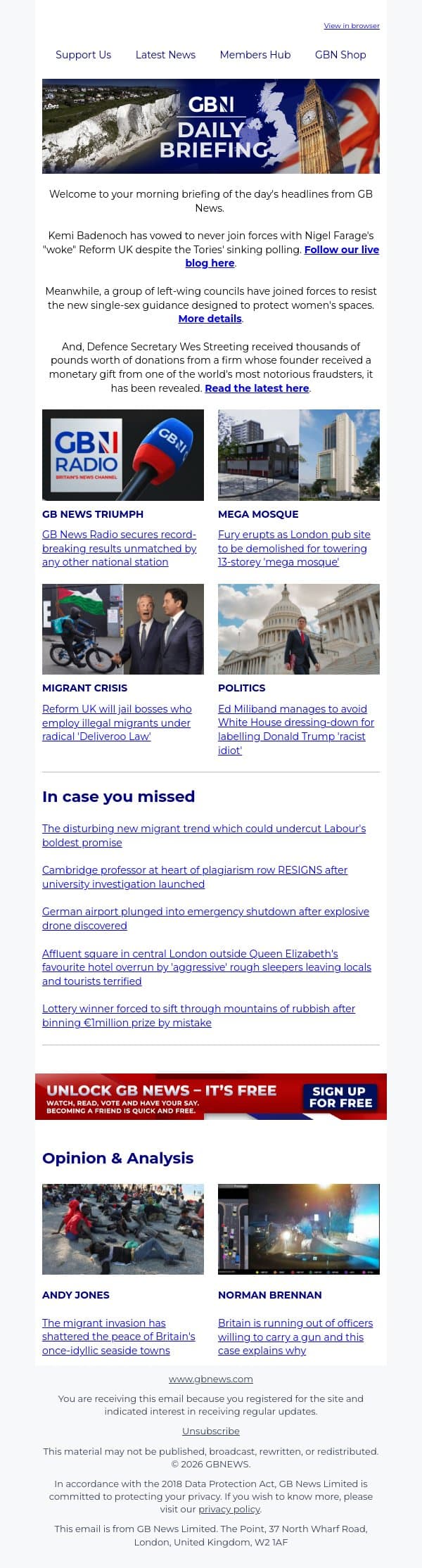 Badenoch vows to never join forces with 'woke' Reform despite polling email from GB News screenshot