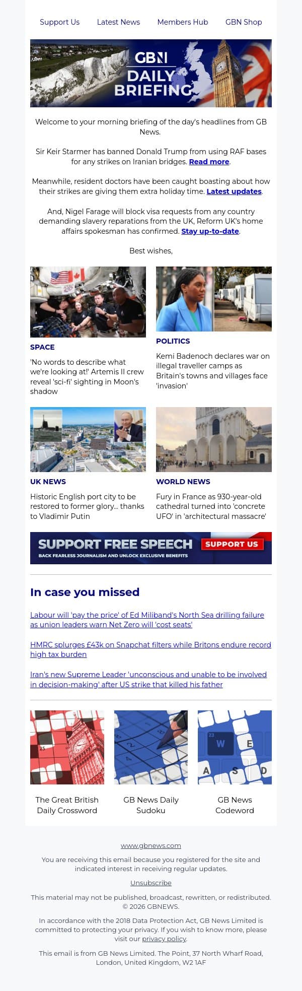 Keir Starmer to ban US using UK bases for strikes on Iran's bridges email from GB News screenshot