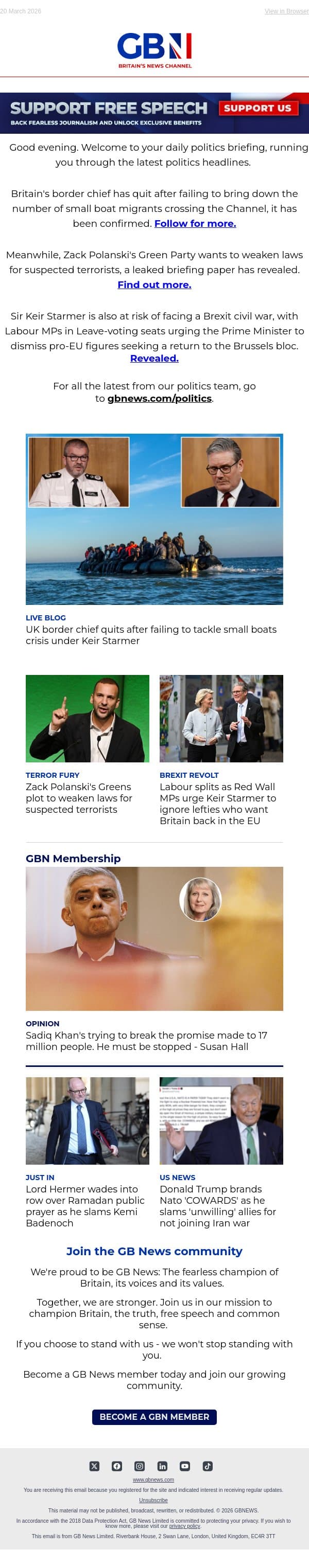 UK border chief quits | Polanski's plot to weaken terror laws | Labour MPs split on Brexit email from GB News screenshot