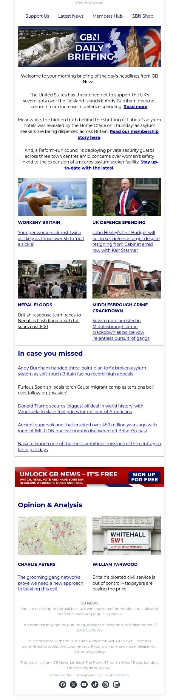 Trump threatens to withdraw Falklands support as US issues UK defence ultimatum email from GB News screenshot