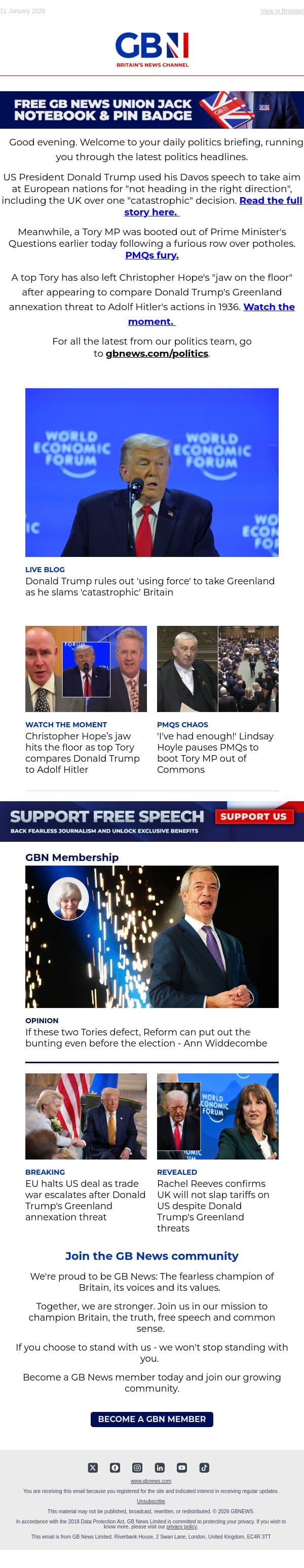 Trump slams 'catastrophic' UK | MP kicked out of PMQs | Top Tory compares Trump to Hitler email from GB News screenshot