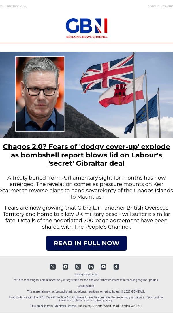 Chagos 2.0? Fears of 'cover-up' explode as report blows lid on Labour's 'secret' Gibraltar deal email from GB News screenshot