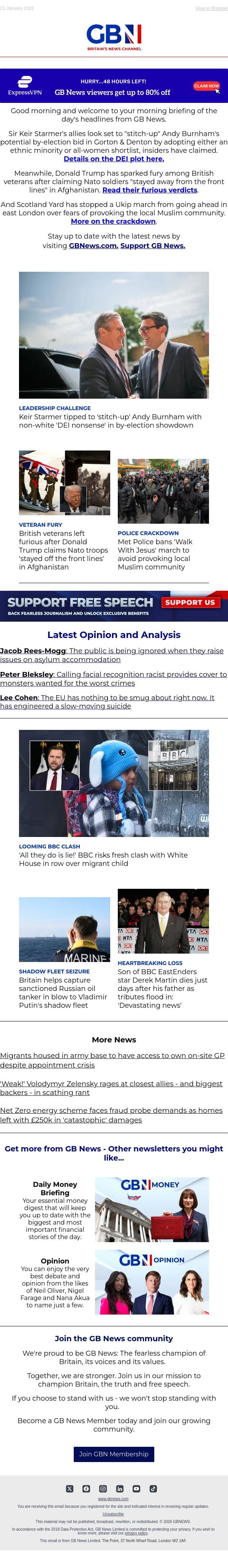 PM set to 'stitch-up' Burnham | Veterans' fury at Trump’s Nato claim | Police bans Christian march email from GB News screenshot
