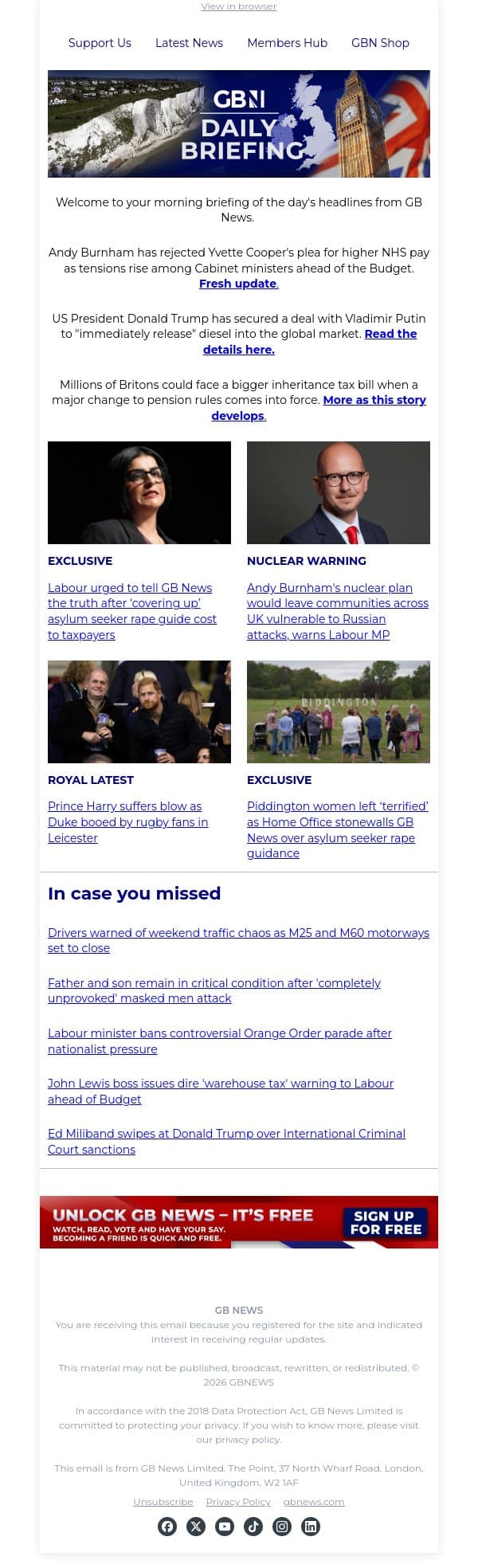 Andy Burnham rejects Yvette Cooper's plea for more NHS cash as row erupts email from GB News screenshot