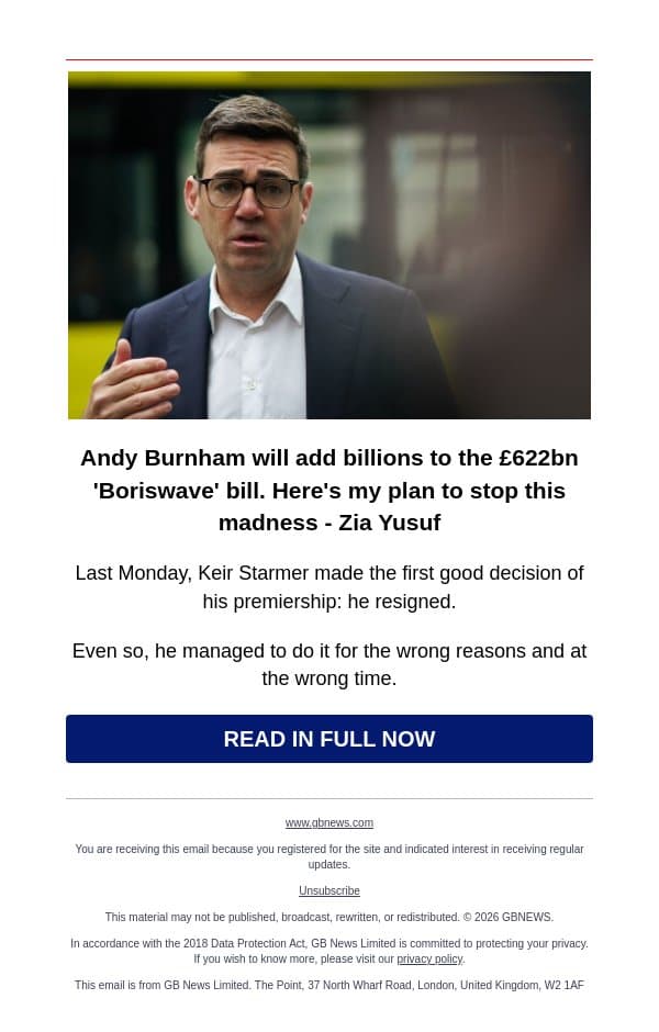 Zia Yusuf: Andy Burnham will add billions to the £622bn 'Boriswave' bill. Here's my plan to stop this madness email from GB News screenshot
