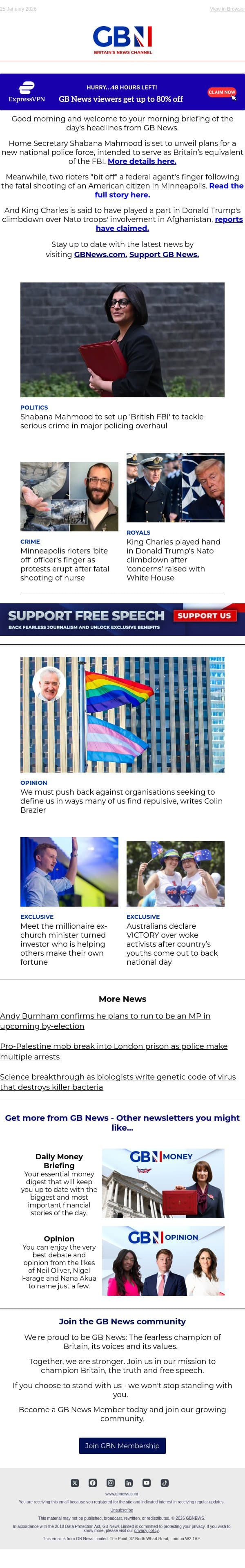 Labour launching 'British FBI' | Minneapolis rioters 'bite off' finger | Trump's Nato climbdown email from GB News screenshot