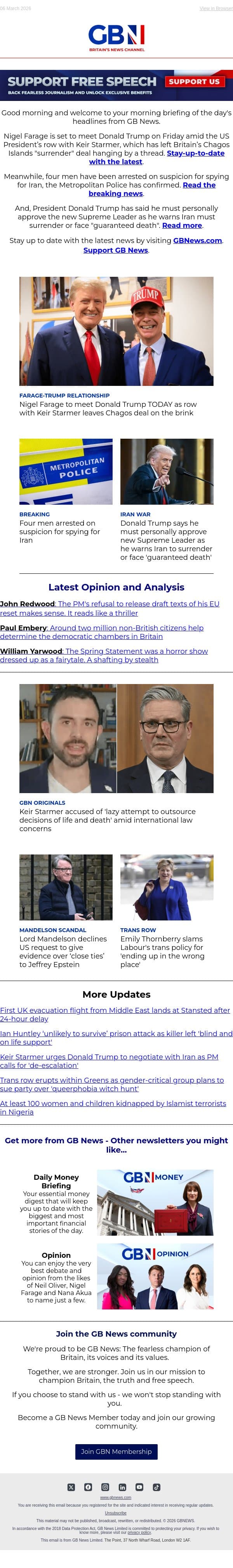 Farage meets Trump today | Four arrested for spying for Iran | Trump must approve new Supreme Leader email from GB News screenshot