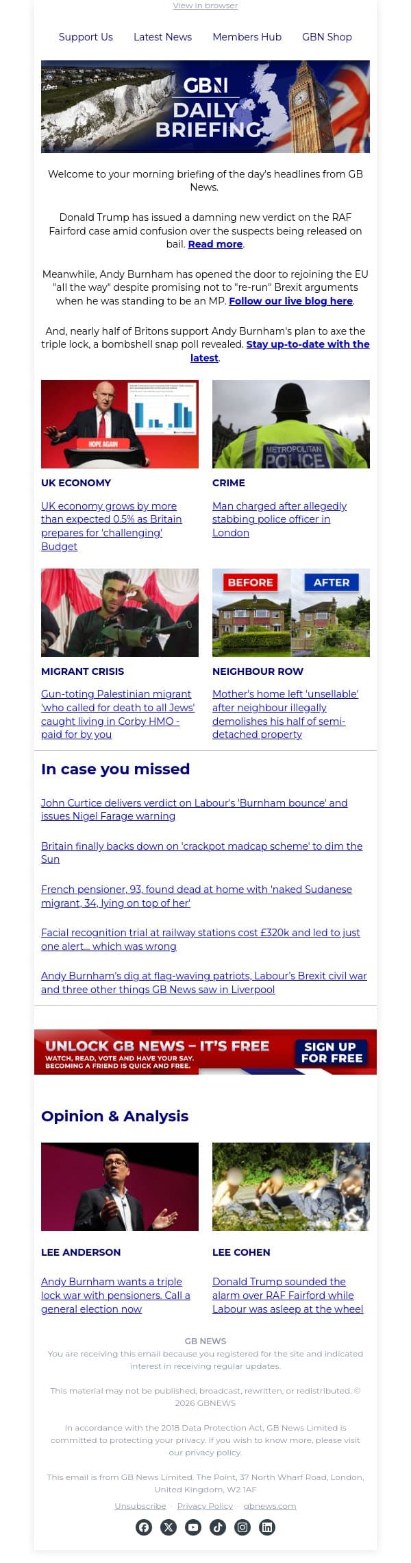 Trump issues damning new verdict on RAF Fairford case amid confusion over suspects' bail email from GB News screenshot