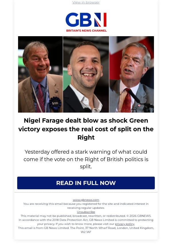 Nigel Farage dealt blow as shock Green victory exposes the real cost of split on the Right email from GB News screenshot