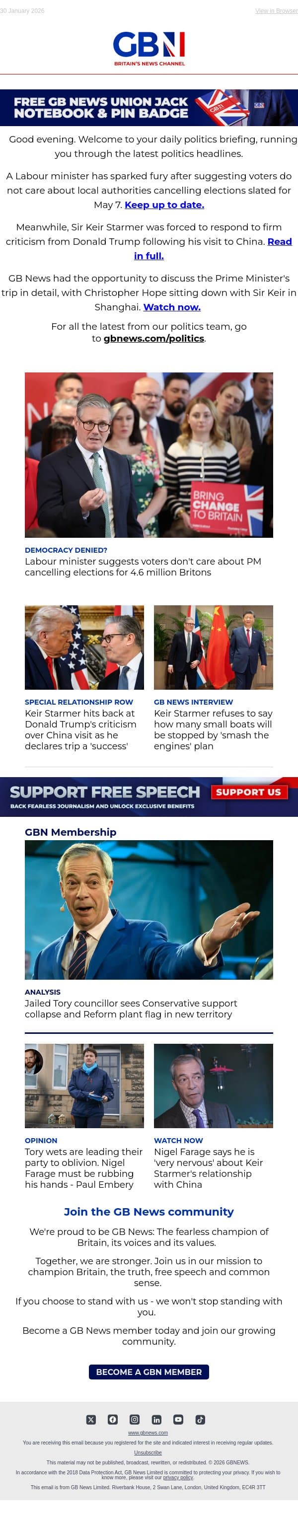 Labour minister sparks democracy row | PM faces Trump's China fury | GB News interviews Starmer email from GB News screenshot