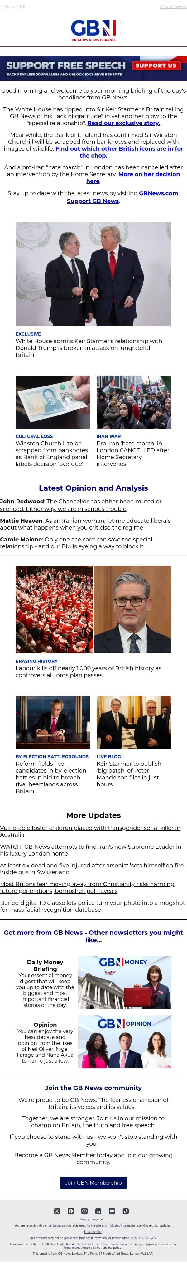 Starmer-Trump relationship broken | Churchill axed from banknotes | Pro-Iran 'hate march' CANCELLED email from GB News screenshot