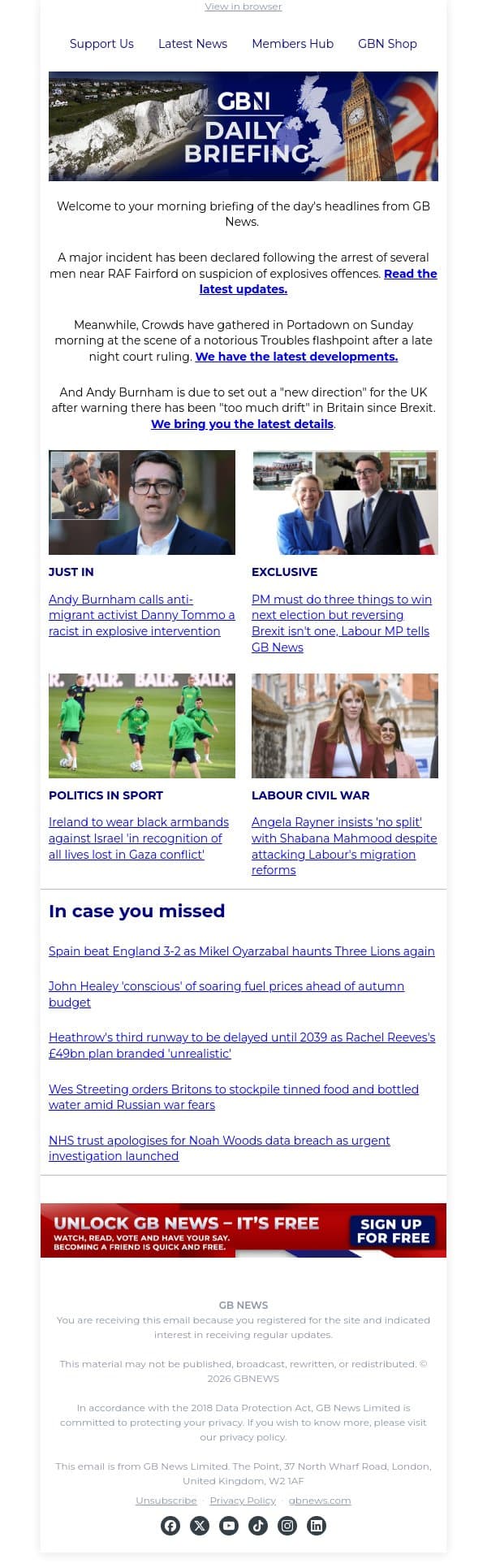 Major incident declared near RAF Fairford as several arrests made email from GB News screenshot