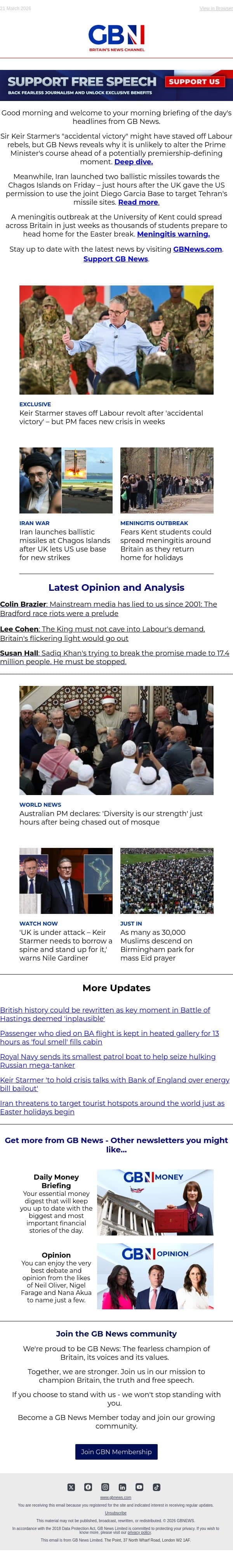 PM faces crisis after 'accidental victory' | Iran fires missiles at Chagos | Meningitis spread fears email from GB News screenshot