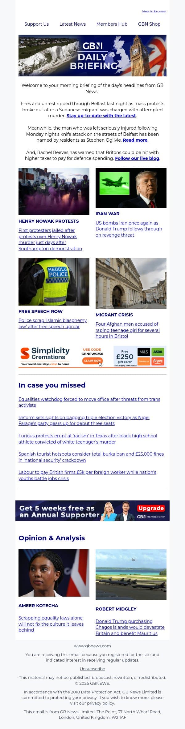 Belfast burns as thousands protest after 'migrant knife attack' email from GB News screenshot