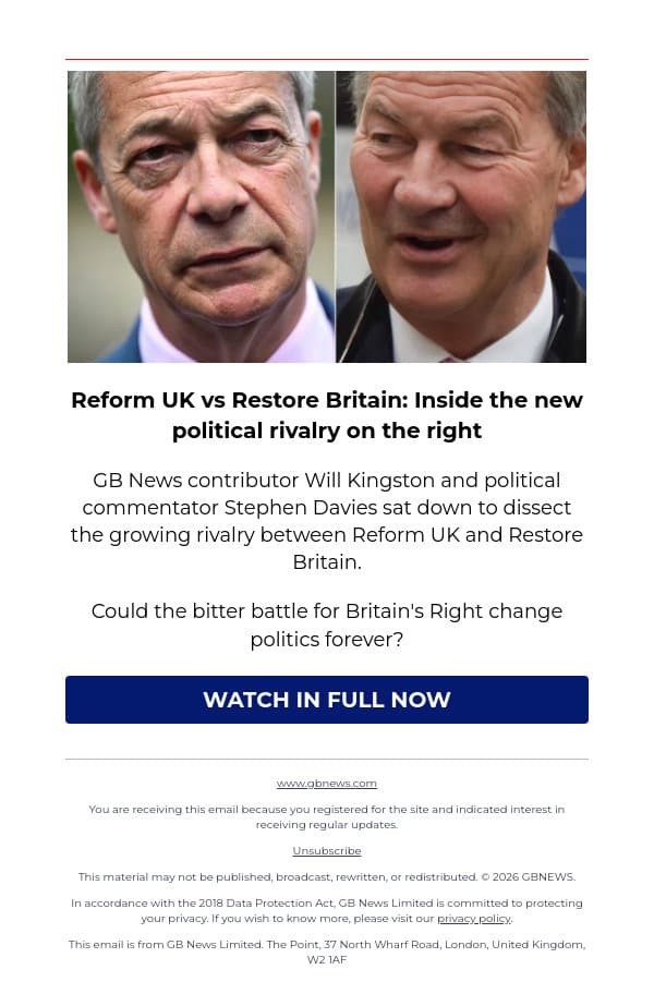 Reform vs Restore: The bitter battle for Britain's Right could change politics forever email from GB News screenshot