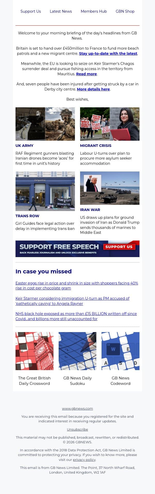 UK to hand over £450m to France for more beach patrols and new migrant centre email from GB News screenshot
