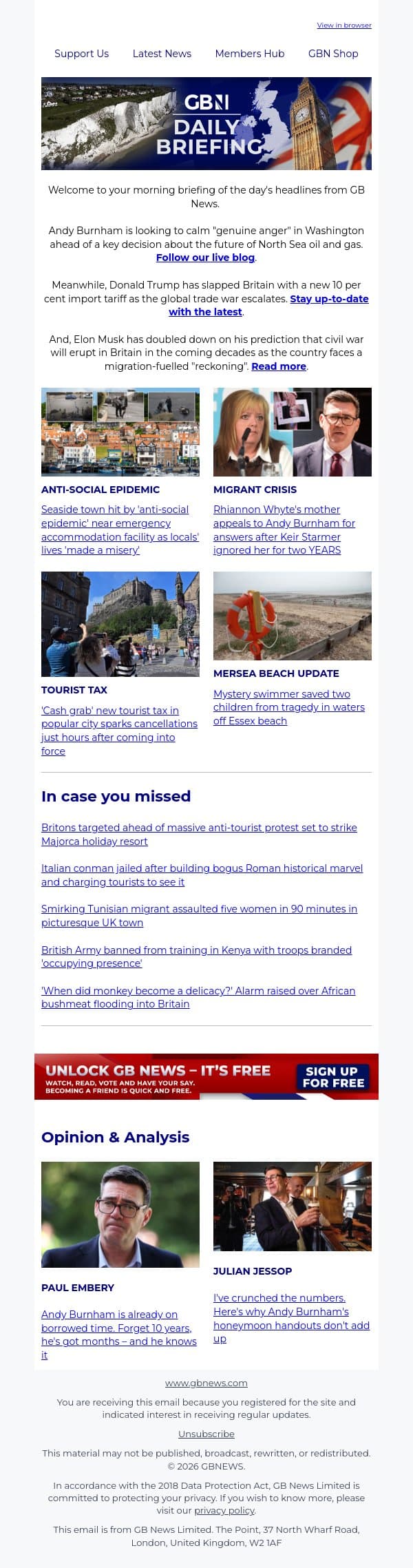 Burnham scrambles to calm 'genuine anger' in US ahead of crunch decision email from GB News screenshot