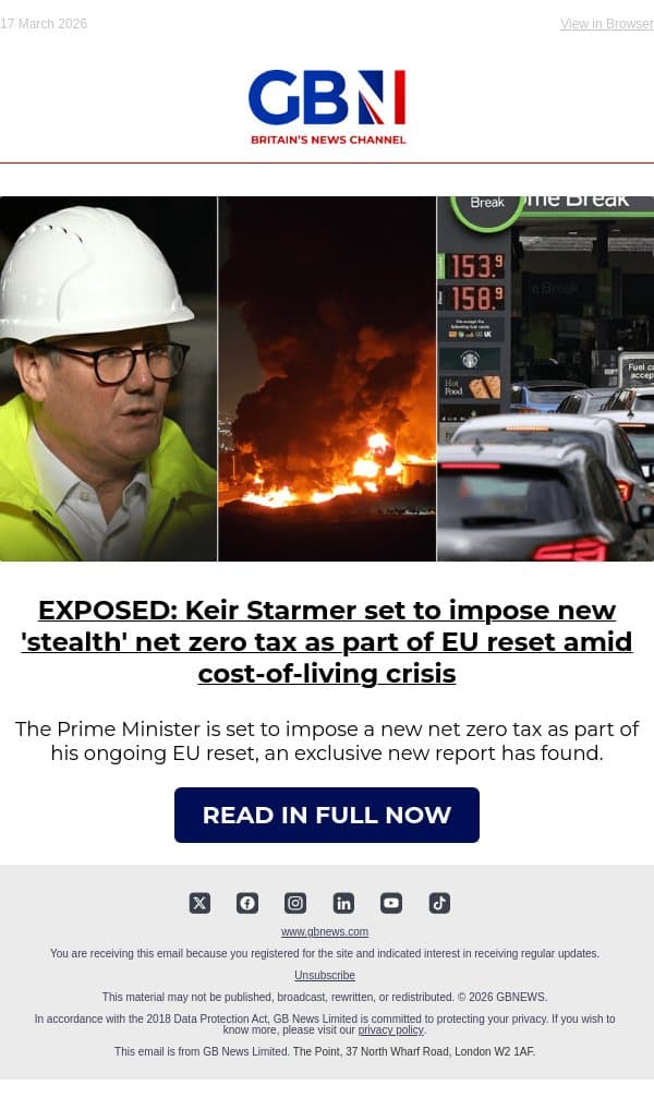 EXPOSED: Starmer set to impose 'stealth' net zero tax as part of EU reset amid cost-of-living crisis email from GB News screenshot