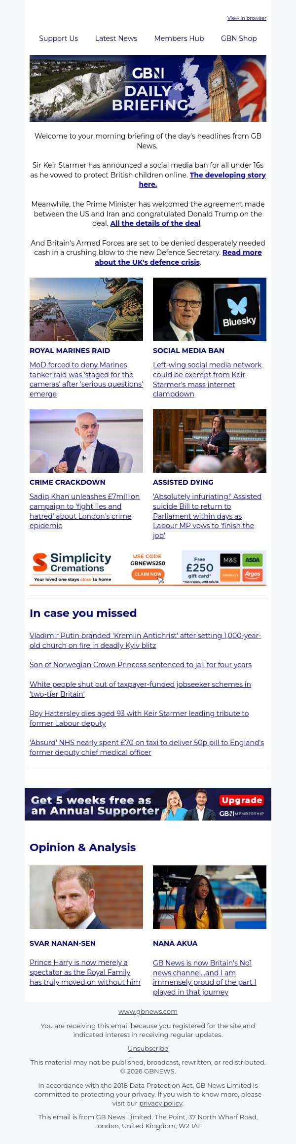 BREAKING: Keir Starmer announces social media ban email from GB News screenshot