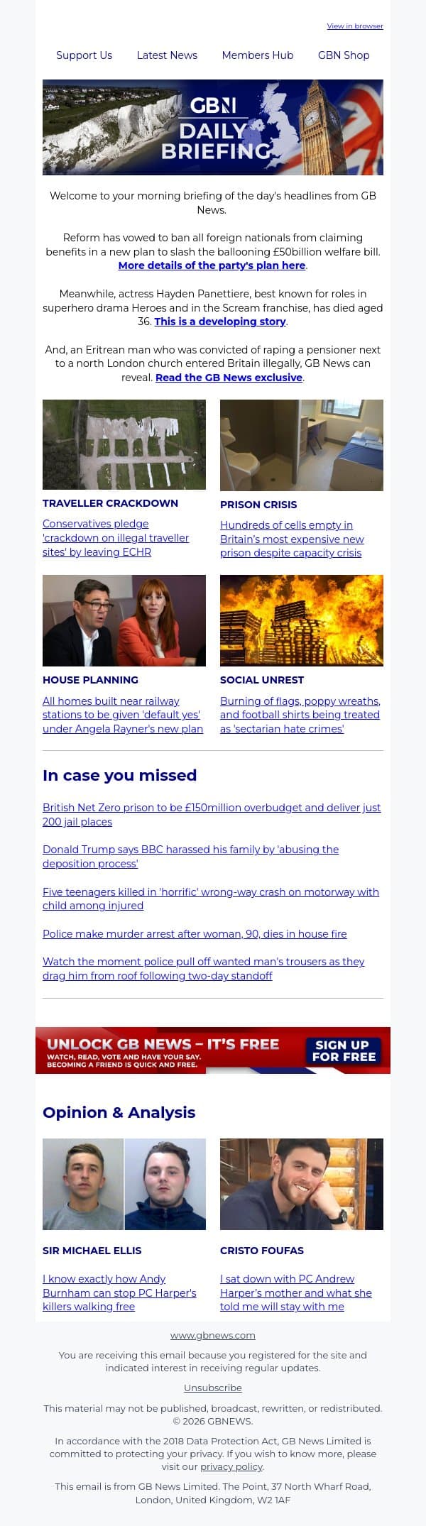 Reform to ban ALL foreign nationals from claiming benefits email from GB News screenshot