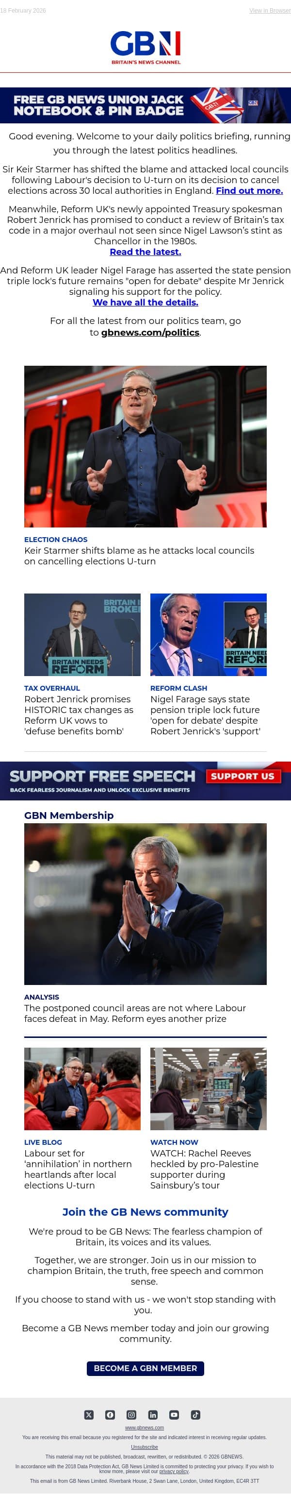Starmer blames councils for U-turn | Jenrick vows benefits crackdown | Reeves raises car taxes email from GB News screenshot