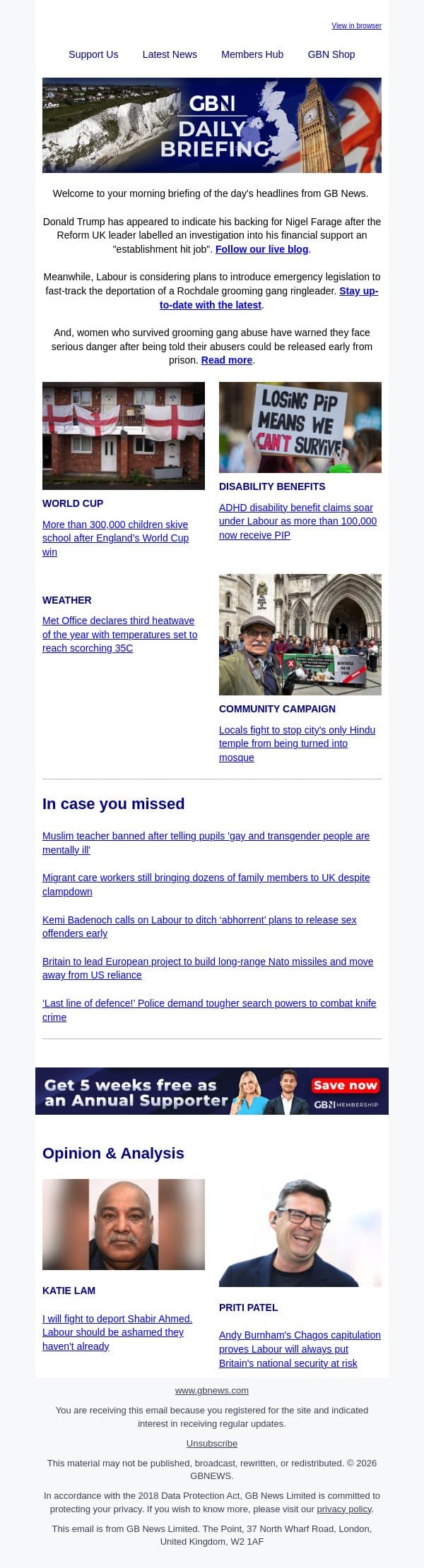 Trump backs Farage over 'establishment hit job' as probe delayed for months email from GB News screenshot