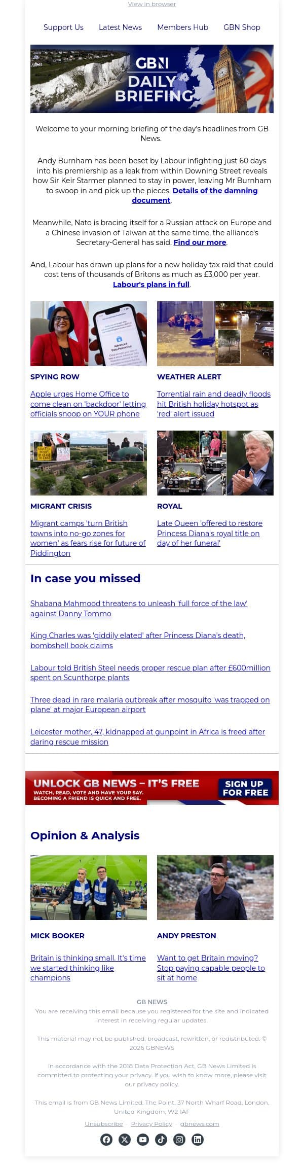 Burnham beset by infighting as damning leak exposes 'copy and paste' PM email from GB News screenshot